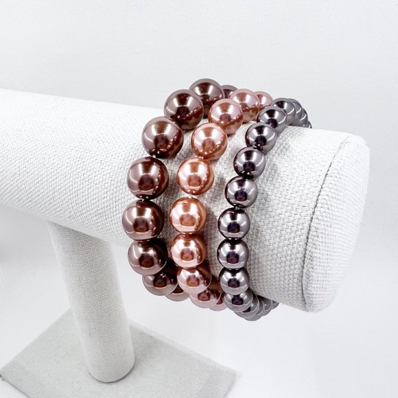 Set of 3 - Brown, Copper & Peach Graduated Faux Pearl Stretch Bracelets - Picture 3 of 5